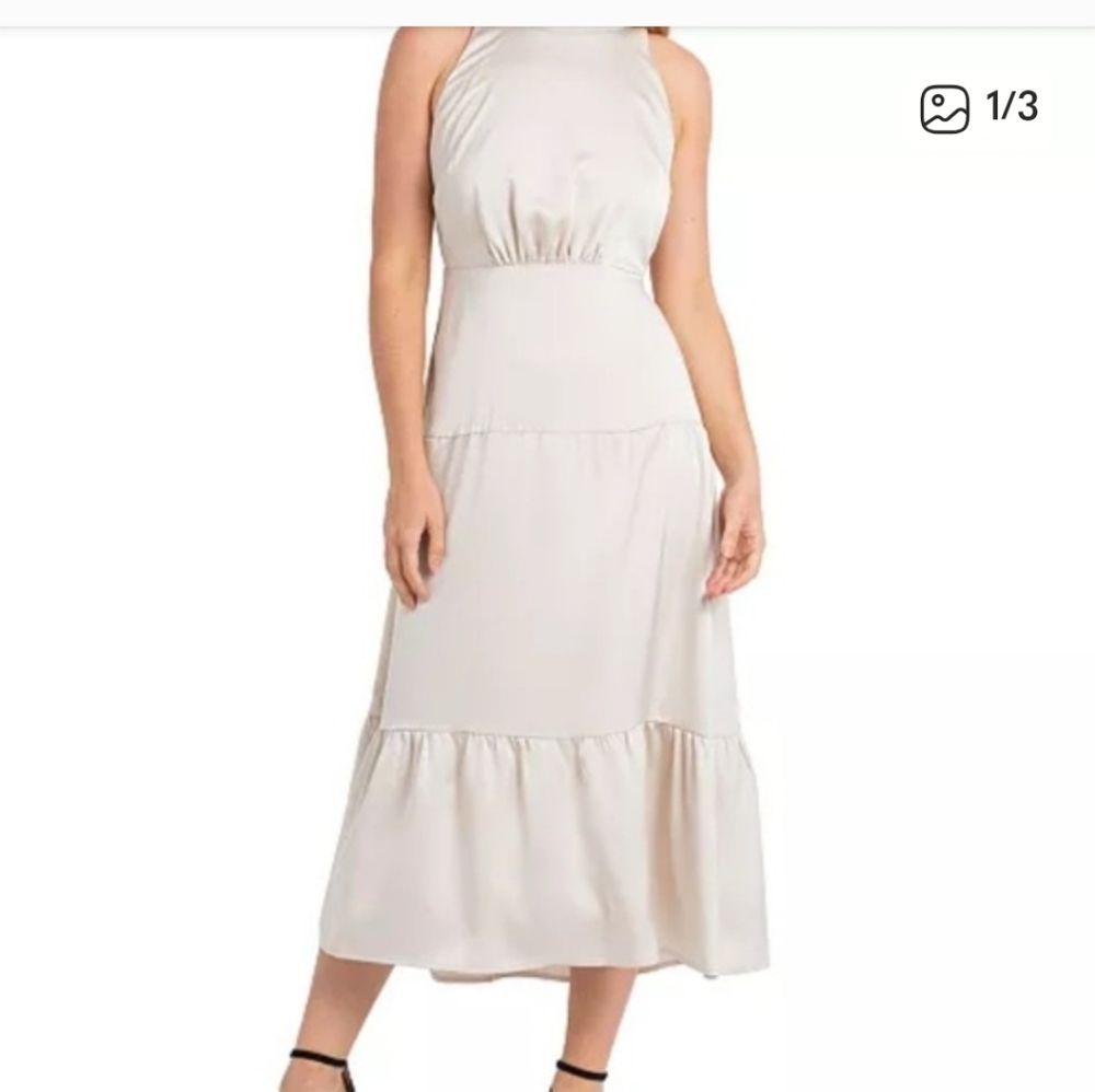 Sam Edelman Women’s Satin Dress Sz 2 High Neck Champagne Midi Tiered NWT
